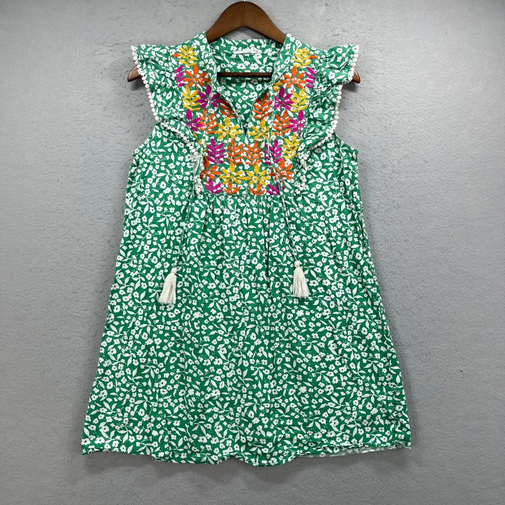 THML Embroidered Floral Ruffle Dress Womens Medium Green Sleeveless Tassel Boho